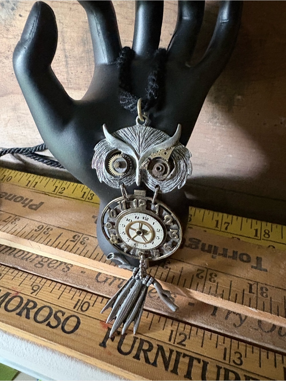Cara Stimmel signed Steampunk-Inspired Silver Owl Pendant Necklace in